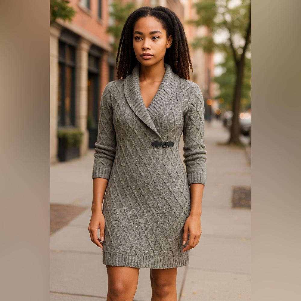 Calvin Klein Sweater Dress Gray Knit Pullover V Neck Sz S